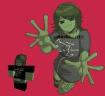  1girl :3 black_shirt black_thighhighs closed_mouth colored_skin commentary commission cowboy_shot english_commentary fred_durst green_eyes green_hair green_skin highres hugo_(rushbordie) limp_bizkit long_hair looking_at_viewer player_character_(roblox) red_background reference_inset roblox shirt simple_background smile solo thighhighs 