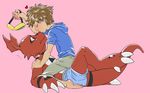  &lt;3 bandai clothing digimon duo gay guilmon interspecies kamechuu kissing male on_top scalie straddling takato_matsuki 