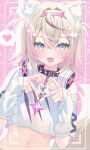  1girl :d absurdres animal_ear_fluff animal_ears arm_warmers bandaid bandaid_hair_ornament blonde_hair blue_eyes collar collar_chain_(jewelry) crop_top crossed_bangs dog_ears dog_tail fang four-finger_heart_hands gem hair_ornament headphones headphones_around_neck heart heart_hands highres hololive hololive_english kiriii light_blush looking_at_viewer mococo_abyssgard mococo_abyssgard_(1st_costume) multicolored_hair navel pink_background pink_gemstone pink_nails pink_streaks print_shirt shirt short_hair single_bare_shoulder single_off_shoulder skin_fang smile solo spiked_collar spikes star-shaped_gem stomach streaked_hair tail upper_body viewfinder virtual_youtuber white_shirt x_hair_ornament 