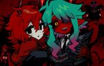  2girls aqua_hair armband black_coat black_eyes black_sclera coat colored_sclera colored_skin colored_tips commentary_request demon_girl demon_horns demon_wings eyepatch fangs fur-trimmed_coat fur-trimmed_collar fur_trim highres horns kakke666 korean_commentary looking_at_viewer medical_eyepatch multicolored_hair multiple_girls player_character_(roblox) pointy_ears red_armband red_background red_hair red_skin red_wings reference_inset roblox sharp_teeth simple_background teeth wings yellow_eyes 