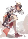  1girl absurdres animal_ears arknights bandaid bandaid_on_leg black_gloves black_shorts blush breasts brown_hair brown_tail commentary crop_top cropped_jacket cutter_(arknights) cutter_(wiping_knife)_(arknights) elbow_gloves embarrassed fingerless_gloves fox_ears fox_girl fox_tail from_side gloves grey_shoes grey_socks highres jacket kneehighs koda24 long_sidelocks long_sleeves looking_at_viewer medium_breasts medium_hair midriff pouch red_eyes shoes short_shorts shorts sidelocks single_bare_shoulder single_sidelock small_sweatdrop sneakers socks solo standing standing_on_one_leg swept_bangs tail thigh_pouch thigh_strap white_jacket 