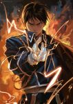  1boy absurdres aiguillette aiming aiming_at_viewer alchemy amestris_military_uniform backlighting black_coat black_eyes black_hair blue_jacket blue_pants buttons coat coat_on_shoulders collared_jacket cowboy_shot double-breasted double-parted_bangs embers fire frown fullmetal_alchemist glaring gloves highres index_finger_raised jacket looking_at_viewer male_focus military_jacket military_uniform outstretched_hand pants parted_lips roy_mustang sabertoon_artt serious shoulder_boards silver_trim sleeve_cuffs smoke sparks standing swept_bangs tsurime twitter_username v-shaped_eyebrows white_gloves wispy_bangs 