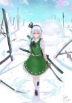  1girl black_bow black_bowtie black_hairband black_ribbon black_shoes blue_eyes blue_sky bow bowtie full_body green_skirt green_vest grey_hair hair_ribbon hairband highres holding holding_sword holding_weapon konpaku_youmu konpaku_youmu_(ghost) luke_(kyeftss) petals pink_petals planted planted_sword ribbon scabbard sheath shirt shoes short_sleeves signature skirt sky snow socks solo sword touhou vest walking weapon white_shirt white_socks 