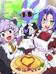  1boy 1girl absurdres alternate_costume apron artist_name black_dress blue_hair blush bongfill bow bowtie crossdressing dress english_text enmaided food frilled_apron frills gloves green_eyes heart heart_hands highres holding holding_plate james_(pokemon) jax_(the_amazing_digital_circus) ketchup ketchup_bottle looking_at_viewer maid maid_apron maid_day maid_headdress oekaki omelet omurice open_mouth plate red_bow red_bowtie sparkle watermark white_apron white_gloves 