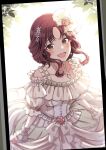  1girl bare_shoulders blush breasts bride collarbone curtsey dress flower frilled_dress frilled_wrist_cuffs frills hair_bun hair_ornament highres idolmaster idolmaster_shiny_colors jewelry kusaka_io long_hair looking_at_viewer medium_breasts necklace official_alternate_costume official_alternate_hairstyle open_mouth osaki_amana pink_flower pink_rose puffy_short_sleeves puffy_sleeves red_hair rose short_sleeves skirt_hold smile solo wedding_dress white_dress wrist_cuffs yellow_eyes 