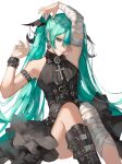  1girl aqua_eyes aqua_hair arm_strap armpits bandaged_arm bandaged_leg bandages black_dress boots collared_shirt commentary cross cross-section dress feet_out_of_frame frilled_dress frills goth_fashion halter_dress halterneck hashtag-only_commentary hatsune_miku highres looking_at_viewer out_of_frame qie serious shirt simple_background sitting solo strap symbol-only_commentary twintails vocaloid white_background 