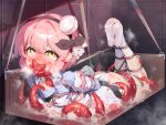  1girl absurdres ahegao aiza-ku bdsm blush bondage bound flower flower_ornament hair_flower hair_ornament highres magical_girl mahou_shoujo_ikusei_keikaku no_shoes panties pink_hair restrained short_hair snow_white_(mahoiku) tears tentacle_sex tentacles thighhighs underwear white_panties white_thighhighs yellow_eyes 