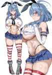  1girl absurdres ako_(blue_archive) black_hairband black_neckerchief black_panties blue_archive blue_eyes blue_hair blue_halo blue_sailor_collar blue_skirt breasts cosplay crop_top elbow_gloves gloves hair_between_eyes hairband halo highleg highleg_panties highres horizontal-striped_thighhighs huge_breasts kantai_collection looking_at_viewer medium_hair microskirt navel neckerchief panties pleated_skirt purplecat rudder_footwear sailor_collar shimakaze_(kancolle) shimakaze_(kancolle)_(cosplay) skirt striped_clothes striped_thighhighs thighhighs thong underwear white_gloves 