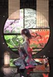  1girl absurdres architecture autumn autumn_leaves black_hair blue_eyes calligraphy calligraphy_brush cherry_blossoms closed_mouth commentary_request east_asian_architecture falling_petals floating_hair flower from_side full_body hair_flower hair_ornament highres holding holding_brush indoors japanese_clothes k2_(kazu1030) kimono lantern leaf light_smile long_hair looking_at_object on_floor original paintbrush petals plant potted_plant print_kimono reflection reflective_floor round_window seasons seiza sitting solo spring_(season) summer vase white_kimono wide_sleeves window winter 