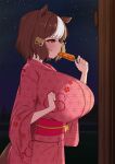  1girl absurdres alternate_breast_size alternate_costume animal_ears belno_light_(umamusume) breasts brown_hair ear_ornament ear_ribbon eating food hair_ornament highres holding holding_food horse_ears horse_girl horse_tail huge_breasts japanese_clothes kimono letter_hair_ornament night night_sky noe_(ppppriver) pink_kimono print_kimono short_hair sky solo tail umamusume umamusume:_cinderella_gray yukata 