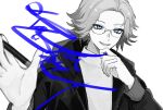  aotsuki_eito blue_eyes character_signature commentary greyscale hand_on_own_chin high_collar highres holding holding_marker jacket male_focus marker monochrome official_alternate_costume open_clothes open_jacket short_hair simple_background sparrowhabird spot_color symbol-only_commentary the_hundred_line_-last_defense_academy- tower_records upper_body 