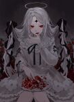  1girl absurdres asagi_12_457 bad_id bad_twitter_id black_bow bow character_request copyright_request dress eating facial_mark flower food food_on_face forehead_mark fork frilled_dress frills fruit hair_bow halo highres holding holding_fork legs_together long_hair looking_at_viewer open_mouth pale_skin plate pomegranate red_eyes red_flower red_rose rose sitting solo white_dress white_hair 