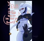  1boy artist_name black_skin bulge checkered_background chess_(hornynym) colored_sclera colored_skin demon disembodied_hand door embarrassed fingernails flustered hand_on_own_stomach heart highres hornynym jester male_pregnancy original pregnant red_sclera sharp_fingernails standing stomach sweatdrop thick_thighs thighs 