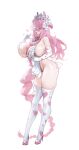  1girl absurdres animal_ears apron bell bikini braid breasts commentary_request cowbell elbow_gloves frilled_apron frills from_side full_body gloves hair_over_one_eye heart heart_print high_heels highres horns huge_breasts korean_commentary long_hair looking_at_viewer maid mole mole_on_arm mole_on_breast mole_on_leg mole_under_eye mole_under_mouth multicolored_horns multiple_moles neck_bell one_eye_covered open_mouth original partially_fingerless_gloves pink_bikini pink_hair pink_horns pink_shoes print_gloves print_thighhighs pumps red_eyes rogger92 shoes sideways_glance simple_background skindentation solo standing swimsuit thighhighs tongue tongue_out two-tone_horns very_long_hair white_apron white_background white_gloves white_horns white_thighhighs 