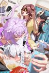  +_+ 4girls animal_ear_fluff animal_ears biting biting_ear black_hair blue_eyes blush braid brown_hair cat_girl cat_tail chips_(food) claw_pose closed_eyes closed_mouth crossed_bangs daichi_lds dog_ears dog_girl dog_tail drink drunk food fox_girl fox_tail hair_between_eyes highres holding holding_drink holding_own_tail hololive indoors inugami_korone long_hair multiple_girls nekomata_okayu one_eye_closed ookami_mio open_mouth orange_eyes pajamas potato_chips purple_hair purple_shirt purple_shorts shirakami_fubuki shirt shorts sidelocks tail tank_top twin_braids white_hair white_tank_top wolf_ears wolf_girl yellow_shirt yellow_shorts 