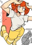  1girl arms_up artist_name bird bone_nigi breasts chicken crocs dated drill_hair egg green_pantyhose green_sandals green_shorts hands_on_own_head highres kasane_teto medium_breasts navel pantyhose red_hair sandals shirt short_hair short_sleeves shorts solo translation_request twin_drills twitter_username utau white_shirt 