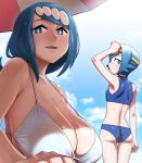  2girls arm_up ass beach_umbrella bikini blue_bikini blue_eyes blue_hair breasts bright_pupils cloud day eyelashes hair_ornament hairband highres lana&#039;s_mother_(pokemon) lana_(pokemon) long_hair mother_and_daughter multiple_girls nutkingcall open_mouth outdoors pokemon pokemon_(anime) pokemon_sm_(anime) short_hair shoulder_blades sky sweat swimsuit umbrella white_pupils yellow_hairband 