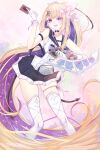  1girl amanogawa_shiina arm_strap black_choker black_sailor_collar black_skirt blonde_hair blue_eyes bow card choker colored_inner_hair constellation_print duel_disk gloves hair_bow hair_ribbon highres holding holding_card leg_ribbon marnhilson miniskirt multicolored_hair open_mouth phase_connect purple_hair purple_ribbon ribbon sailor_collar scissors_hair_ornament skirt sleeveless solo thigh_ribbon thighhighs twitter_username virtual_youtuber white_bow white_gloves white_ribbon white_thighhighs yu-gi-oh! 
