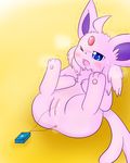  3_toes alpha_channel anus black_nose blue_eyes blush canine eeveelution espeon female forked_tail fur lying mammal nintendo on_back open_mouth plain_background plump_labia pok&eacute;mon purple_fur pussy sex_toy spread_legs spreading toes tuft unknown_artist vibrator video_games yellow_background 