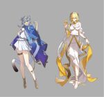  2girls :d absurdres aglaea_(honkai:_star_rail) alternate_costume animal_ears bare_legs bare_shoulders barefoot blonde_hair blue_cape blue_eyes bracelet cape cat_ears cipher_(honkai:_star_rail) dress grey_background grey_hair highres holding honkai:_star_rail honkai_(series) jewelry little_modao looking_at_viewer multiple_girls open_mouth shoes short_dress short_hair simple_background smile standing thigh_strap white_dress 
