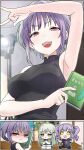  3girls arm_up bang_dream! bang_dream!_it&#039;s_mygo!!!!! black_shirt blue_shirt book breasts clapping closed_mouth commentary drill_hair english_commentary fang green_hair highres holding holding_book izami_md long_hair medium_breasts multiple_girls pink_eyes purple_hair shirt short_hair sleeveless sleeveless_shirt star-shaped_pupils star_(symbol) symbol-shaped_pupils teeth twin_drills udagawa_ako upper_teeth_only wakaba_mutsumi yellow_eyes yuutenji_nyamu 