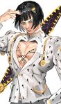 13u_jjba00p 1boy absurdres bare_pectorals black_hair blue_eyes bob_cut bruno_bucciarati chest_tattoo highres jojo_no_kimyou_na_bouken long_sleeves pectorals short_hair solo suit tattoo white_suit zipper zipper_pull_tab 