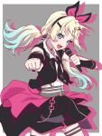  1girl :d black_jacket black_necktie black_skirt blonde_hair blue_eyes blue_hair border choker clenched_hands collared_shirt commentary cowboy_shot drop_shadow earrings fang flat_chest gradient_hair grey_background highres holding holding_microphone i_do_me!_(love_live!) jacket jewelry link!_like!_love_live! long_hair looking_at_viewer love_live! low_twintails microphone miniskirt multicolored_hair multiple_thigh_straps myrain56991013 necktie o-ring o-ring_choker official_alternate_costume official_alternate_hairstyle open_clothes open_jacket osawa_rurino outside_border pleated_skirt shirt simple_background skirt sleeveless sleeveless_jacket smile solo teeth twintails upper_teeth_only v-shaped_eyebrows virtual_youtuber white_border white_shirt 