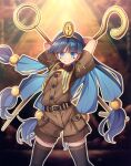  1girl ai-generated_background arms_behind_head arms_up belt belt_buckle black_belt black_thighhighs blue_eyes blue_hair blunt_bangs brown_shirt brown_shorts buckle buttons chima_q closed_mouth collared_shirt cowboy_shot earrings facial_mark facial_tattoo flat_chest gold_buckle gold_jewelry hair_bobbles hair_ornament headpiece highres holding holding_scepter jewelry key key_earrings light_blush long_hair looking_at_viewer low-tied_long_hair michigami_nareko no_nose outline pocket pyramid_(structure) scepter shirt short_sleeves shorts skindentation smile solo sphere_hair_ornament standing tattoo thighhighs touhou triangle triangle_facial_mark 