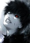  1boy black_background black_hair black_sclera black_shirt clenched_teeth colored_sclera eyeshadow gradient_background grey_eyes heterochromia highres kaneki_ken looking_at_viewer makeup original red_eyes shaded_face shadow shirt short_hair solo teeth tokyo_ghoul white_background xa8uofivf2mcart 