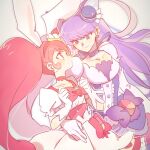  2girls animal_ear_fluff animal_ears arm_around_back big_hair blunt_bangs bow bow_choker bowtie brown_bag bubble_skirt buttons cake cat_ears cat_girl center_frills choker clenched_hand collarbone corset cowboy_shot cure_macaron cure_whip dress dress_bow earrings extra_ears eyelashes floppy_ears food food-themed_clothes food-themed_hair_ornament food_print frilled_skirt frilled_sleeves frills fruit fruit_print gloves hair_ornament hairband hand_on_another&#039;s_waist happy heke jewelry kirakira_precure_a_la_mode kotozume_yukari long_hair looking_at_another macaron magical_girl miniskirt multiple_girls nervous pink_bag pink_bow pink_bowtie pink_choker pink_corset pink_eyes pink_hair pink_hairband pom_pom_(clothes) pom_pom_earrings precure puffy_short_sleeves puffy_sleeves purple_bow purple_choker purple_dress purple_eyes purple_ribbon rabbit_ears rabbit_girl ribbon short_dress short_sleeves simple_background skirt skirt_under_dress sphere_earrings square_neckline standing strawberry strawberry_brooch strawberry_print strawberry_shortcake twintails two-tone_bag usami_ichika very_long_hair waist_bag white_background white_dress white_gloves white_sleeves yellow_bag yellow_skirt yuri 