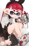  1girl black_hairband black_jacket blue_eyes bow_hairband collared_jacket commentary glooga_dualies_(splatoon) hairband highres inkling inkling_girl inkling_player_character jacket long_hair looking_at_viewer multicolored_jacket pointy_ears red_hair sabata_saba shoes simple_background solo splatoon_(series) splatoon_2 tentacle_hair thick_eyebrows two-tone_jacket white_background white_jacket white_shoes 