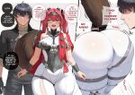  1boy 1girl animal_ears armor ass ass_focus backless_bodysuit bare_shoulders black_bow black_hair black_jacket bodysuit boots bow breastplate breasts collar collared_jacket earrings ethan69_(anhuzart) fluffy_tail grey_shirt grey_undershirt hair_between_eyes hair_bow hairband highres holding huge_ass jacket jewelry large_breasts long_hair looking_at_viewer lupa_(wuthering_waves) male_rover_(wuthering_waves) metal_collar metal_hairband multiple_hair_bows pink_hair presenting red_pupils red_sash rover_(wuthering_waves) sash shirt short_hair simple_background smile tail thick_thighs thighs twintails white_bodysuit white_boots wolf_tail wrist_guards wuthering_waves yellow_eyes 