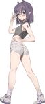  1girl absurdres adjusting_eyewear alternate_costume arm_up ass bespectacled blue_eyes blush breasts closed_mouth commentary from_behind glasses grey_shorts hand_on_own_hip highres hololive hololive_english looking_at_viewer looking_to_the_side medium_hair ninomae_ina&#039;nis pointy_ears purple_hair purple_nails scarlet_(wv0102) shoes short_shorts shorts shoulder_tattoo simple_background small_breasts socks solo standing symbol-only_commentary tattoo virtual_youtuber white_background white_socks 