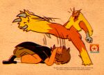 absurd_res anthro artist_logo avian beak bird blaziken clothed clothing cmyk copyright_name copyright_symbol digital_drawing_(artwork) digital_media_(artwork) dodging ducking duo feathers feet generation_3_pokemon hair hi_res hoosierman9911a human jon_(hoosierman9911a) kick logo male male/male mammal nintendo pokemon pokemon_(species) red_body simple_background symbol talons text toes