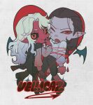  2boys baldur&#039;s_gate baldur&#039;s_gate_3 black_hair bound cazador_szarr chibi colored_skin dungeons_&amp;_dragons fang full_body highres long_hair multiple_boys narrowed_eyes pointy_ears red_eyes red_skin ship_name tied_up_(nonsexual) vellioth viol_vrt yaoi 
