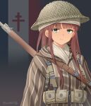  1girl absurdres ammunition_pouch aqua_eyes artist_name belt brodie_helmet combat_helmet commentary dark-skinned_female dark_skin flag_background free_french_flag french_army green_belt gun gun_sling helmet highres jacket leochan1202 long_hair looking_at_viewer military military_uniform original pouch red_hair rifle scarf sidelocks solo striped_clothes striped_jacket turban upper_body vertical-striped_clothes vertical-striped_jacket weapon white_scarf world_war_ii 