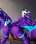 absurd_res animal_genitalia anthro anus blue_eyes blue_markings butt dementia66 dragon genital_slit genitals grydir_dacanoor_(griffonki) hair hi_res horn male markings mythological_creature mythological_scalie mythology penis presenting presenting_anus presenting_hindquarters purple_body scalie solo spikes tail teeth white_hair wings