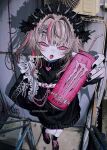  1girl abandoned alternate_costume black_headdress black_jacket black_nails black_shoes black_socks blonde_hair blush bottomless can chest_harness commentary condenser_unit cross cross_hair_ornament drinking_straw empty_eyes energy_drink fang flat_chest foreshortening frilled_headwear frills from_above graffiti hair_intakes hair_ornament hairclip hand_on_own_hip harness headdress heart heart_hair_ornament highres holding holding_can jacket jersey jewelry latin_cross leg_tattoo long_hair looking_at_viewer makaino_ririmu monster_energy multiple_rings nijisanji open_mouth outdoors pink_eyes pink_streaks ring shoes silver_ring sleeves_past_wrists smile socks solo spiked symbol-only_commentary tattoo twitter_username virtual_youtuber watermark xdoxa89 