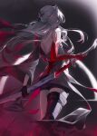  1girl absurdres acheron_(honkai:_star_rail) black_gloves black_shorts boots closed_mouth coat colored_extremities commentary floating_hair from_behind gloves highres holding holding_sheath holding_sword holding_weapon honkai:_star_rail honkai_(series) jw_(wrdawrda) long_hair looking_at_viewer official_alternate_color official_alternate_hair_color red_eyes red_hands sheath short_shorts shorts sideways_glance single_bare_arm single_glove single_thigh_boot single_wide_sleeve solo standing sword symbol-only_commentary thigh_boots unsheathing weapon white_coat white_hair 