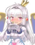  1girl ahoge ajitarou_(setsu) blush briking_rx_alma choker crown embarrassed emil_chronicle_online frilled_choker frills gloves long_hair mecha_musume red_eyes robot_ears shirt tearing_up upper_body white_background white_gloves white_shirt 