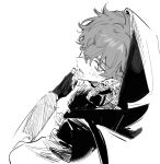  1boy earrings greyscale hair_between_eyes hair_over_one_eye hood hood_up jewelry long_sleeves looking_at_viewer looking_back male_focus monochrome open_mouth original qyzhiaiyisheng simple_background sketch solo sweat upper_body white_background 