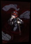  4boys ahoge aotsuki_eito asako_(pixiv_5702576) black_gloves black_hairband black_jacket black_pants blood blood_on_face blue_eyes border bright_pupils commentary corpse flipped_hair glasses gloves grey_hair grimace hairband highres holding holding_sword holding_weapon jacket last_defense_academy_school_uniform looking_at_viewer male_focus multiple_boys open_mouth pants pool_of_blood red_hair red_pupils school_uniform smile spoilers squatting sumino_takumi sword the_hundred_line_-last_defense_academy- v v_over_eye weapon white_gloves white_pupils 