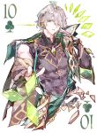  1boy absurdres alhaitham_(genshin_impact) black_shirt cape card chest_jewel cocoballking compression_shirt cropped_torso gem genshin_impact gloves gold_trim green_cape green_eyes green_gemstone grey_hair hair_over_one_eye hand_up highres looking_at_viewer male_focus parted_lips partially_fingerless_gloves playing_card reaching reaching_towards_viewer red_pupils shirt short_hair solo ten_of_clubs toned toned_male 