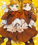  1boy 1girl black_pantyhose blonde_hair bow bowtie braid brown_bow brown_bowtie brown_capelet brown_hairband brown_shoes brown_skirt capelet crown_braid green_eyes hairband hamelon310 highres lobotomy_corporation long_hair long_sleeves looking_at_viewer pantyhose project_moon shirt shoes short_hair simple_background skirt standing tiphereth_a_(project_moon) tiphereth_b_(project_moon) upper_body v white_shirt yellow_background 