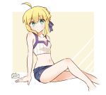  1girl ahoge alternate_costume arm_support artoria_pendragon_(fate) blonde_hair blue_bow bow braid braided_bun denim denim_shorts fate/stay_night fate_(series) green_eyes hair_bow hair_bun saber_(fate) shorts sidelocks solo tsuchiya_madose 