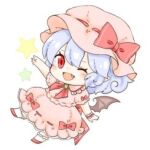  1girl alternate_hairstyle ascot bat_wings blue_hair blush brooch dress flying_sweatdrops jewelry lowres maru_usagi pink_dress pointy_ears puffy_sleeves red_eyes remilia_scarlet sash short_sleeves simple_background smile solo touhou twintails upper_body white_background wings 