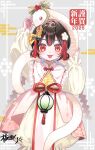  1girl 2025 arm_up artist_name berry black_eyes black_hair capelet chinese_clothes closed_mouth clothes_writing colored_sclera commentary double_bun dress floral_print flower forked_tongue frilled_sleeves frills hair_bun hair_flower hair_ornament hand_up happy_new_year highres jiangshi kuroda_(kuro_yyy) lantern looking_at_viewer mandarin_collar multicolored_hair new_year ofuda original paper_lantern print_dress puffy_dress red_eyes red_sclera red_streaks short_hair signature smile snake solo streaked_hair tassel tassel_hair_ornament tongue tongue_out white_capelet white_dress white_flower white_snake 