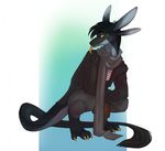  2014 anthro barefoot black_hair clothed clothing coat crouching digitigrade dimitri_(aimee) dragon fur furred_dragon gloves grey_fur hair long_ears looking_at_viewer male motiif multiple_ears pants scarf smile solo tail_tuft tongue tongue_out tuft yellow_eyes yellow_tongue 