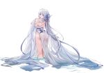  1girl absurdres ahoge alternate_costume ass azur_lane back banchiyuebai bare_shoulders blue_eyes blue_flower blush breasts closed_mouth commentary_request dress flower from_behind hair_flower hair_intakes hair_ornament highres illustrious_(azur_lane) kneepits large_breasts long_hair looking_at_viewer looking_back mole mole_under_eye see-through_clothes see-through_dress shawl simple_background smile solo standing tassel thighs very_long_hair wading wet wet_clothes wet_dress white_background white_dress white_hair white_shawl 
