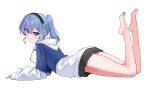  1girl absurdres asymmetrical_sidelocks barefoot black_skirt blue_eyes blue_hair blue_jacket chrispy_tuna closed_mouth commentary double-parted_bangs english_commentary feet_up from_side full_body hair_between_eyes headphones highres hololive hood hooded_jacket hoshimachi_suisei hoshimachi_suisei_(11th_costume) jacket long_hair looking_at_viewer lying miniskirt multicolored_jacket official_alternate_costume on_stomach pleated_skirt ponytail simple_background skirt sleeves_past_wrists smile solo star_(symbol) star_in_eye symbol_in_eye the_pose two-tone_jacket virtual_youtuber white_background white_jacket 